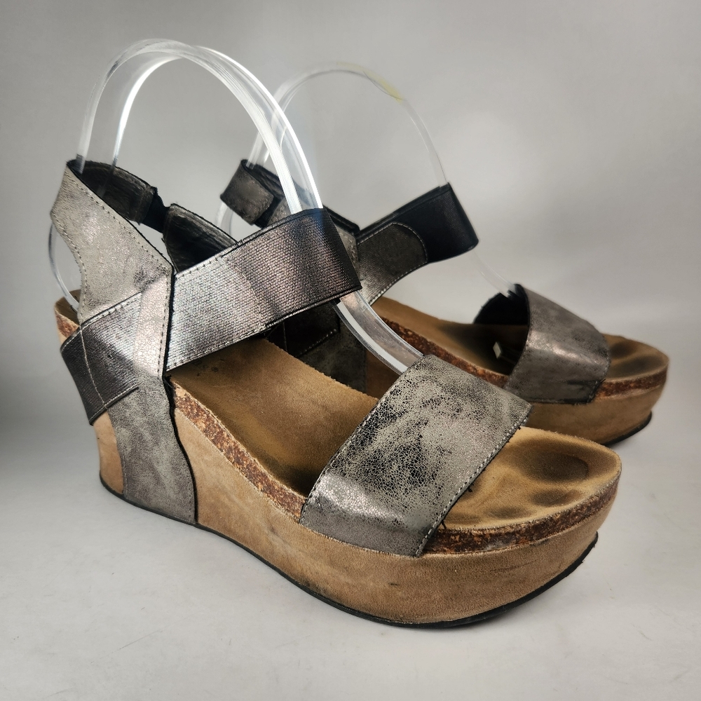 PIERRE DUMAS Women's Sandal Gray 10 Leather Wedge Platform Slingback Shoes